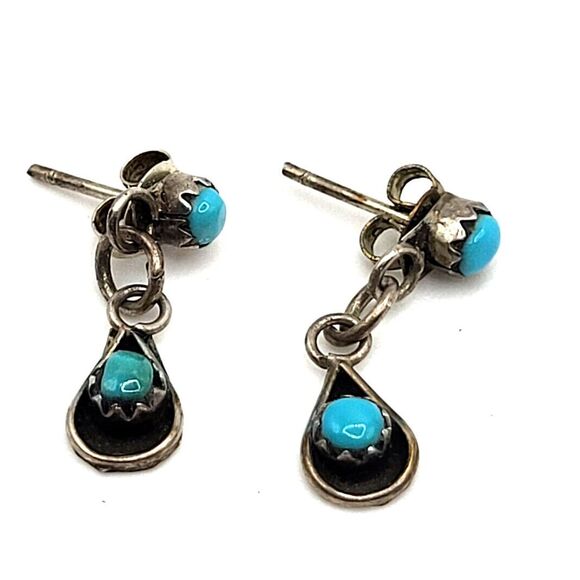Sterling Silver Native Southwestern Turquoise Dangle Drop Earrings .75in - Picture 2 of 3